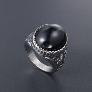 Men’s BLACK Onyx Stone Stainless Steel Ring (Vintage Engraved Design)