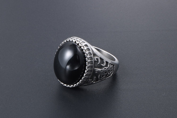 Men’s BLACK Onyx Stone Stainless Steel Ring (Vintage Engraved Design) - Image 3