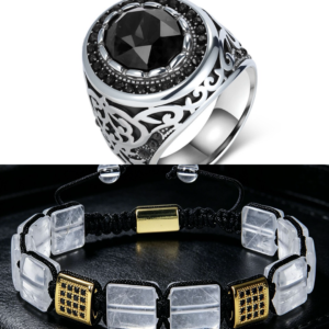 Unique Adjustable Bracelet and Royal Crest Ring(Black combo)