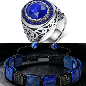 Unique Adjustable Bracelet and Royal Crest Ring(Blue Combo)